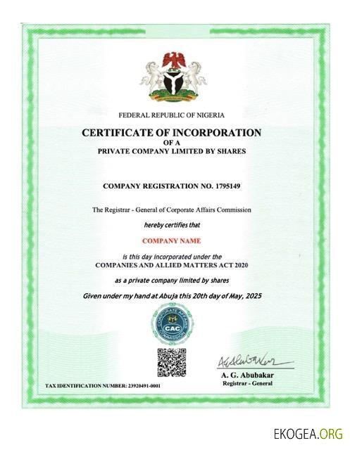 Modèle Word et PDF de certificat de constitution du Nigeria
